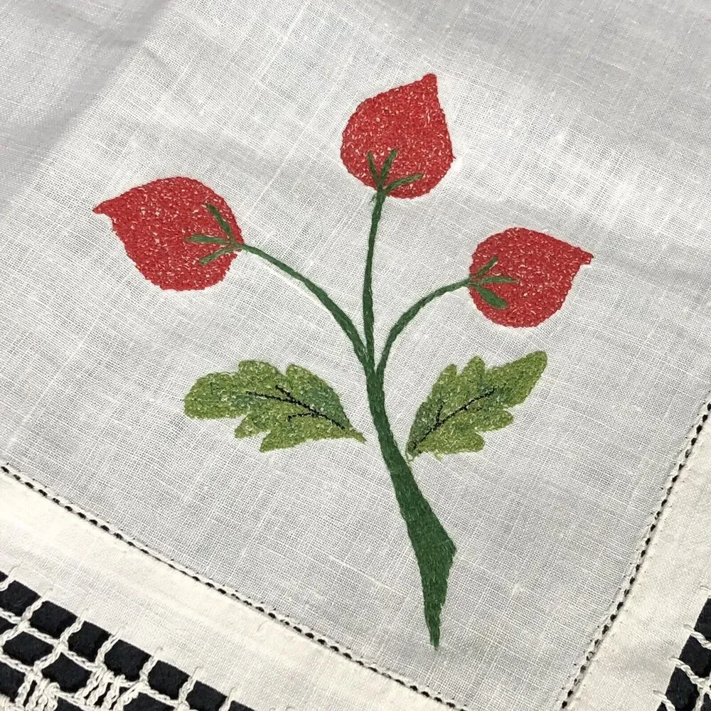 Vintage Small Table Topper Linens Square Purple Grapes Red Flowers Crochet Edge